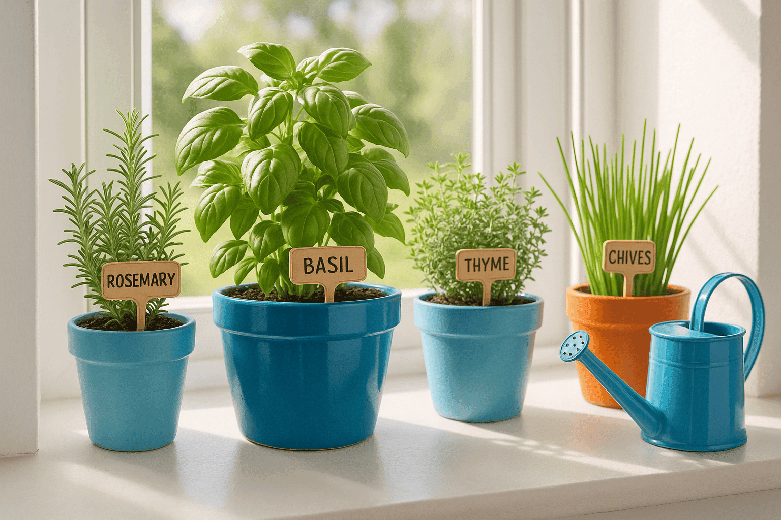 Stylish windowsill herb garden with various herbs in matching pots