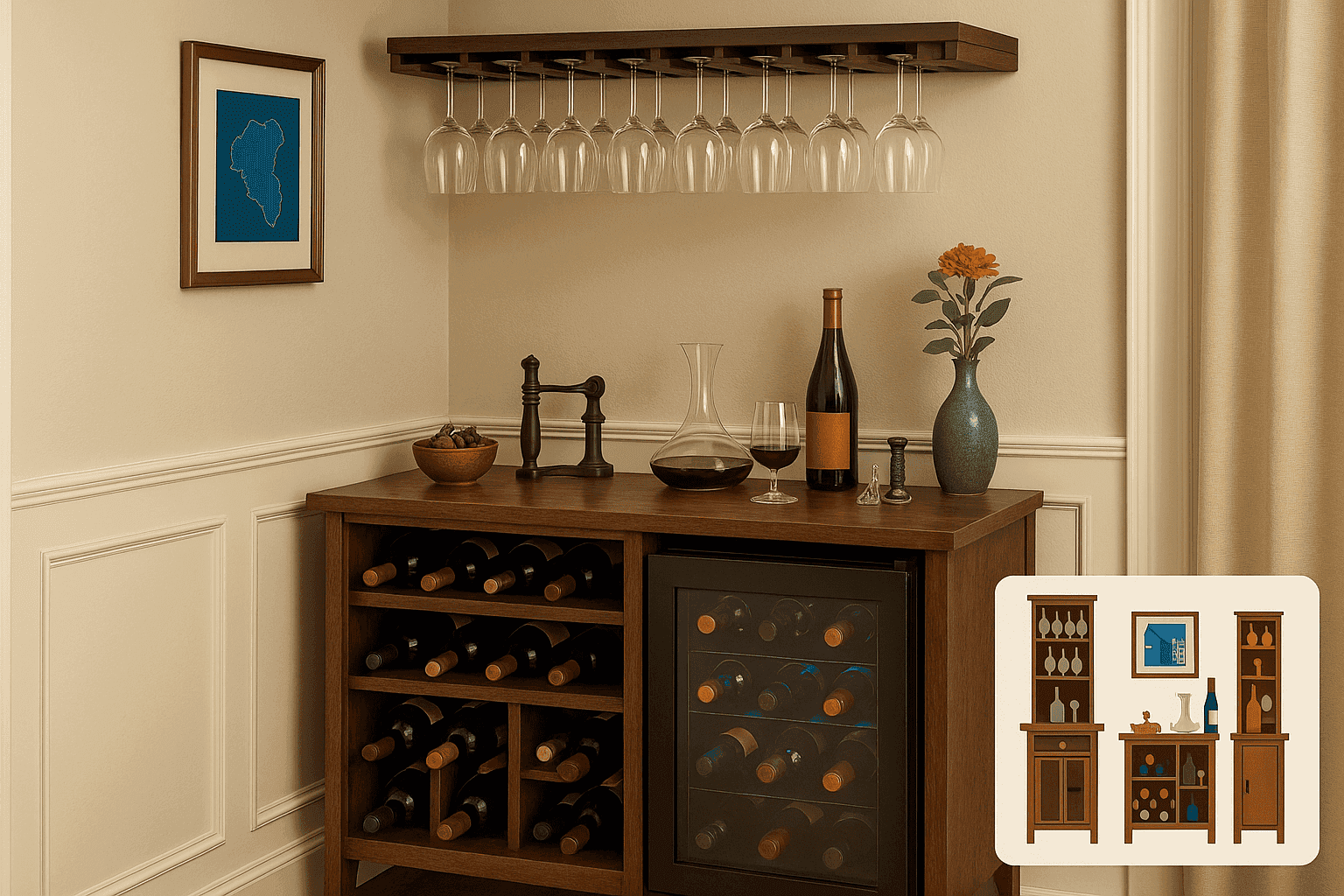 Elegant home wine bar with bottle storage, glass rack, and serving area