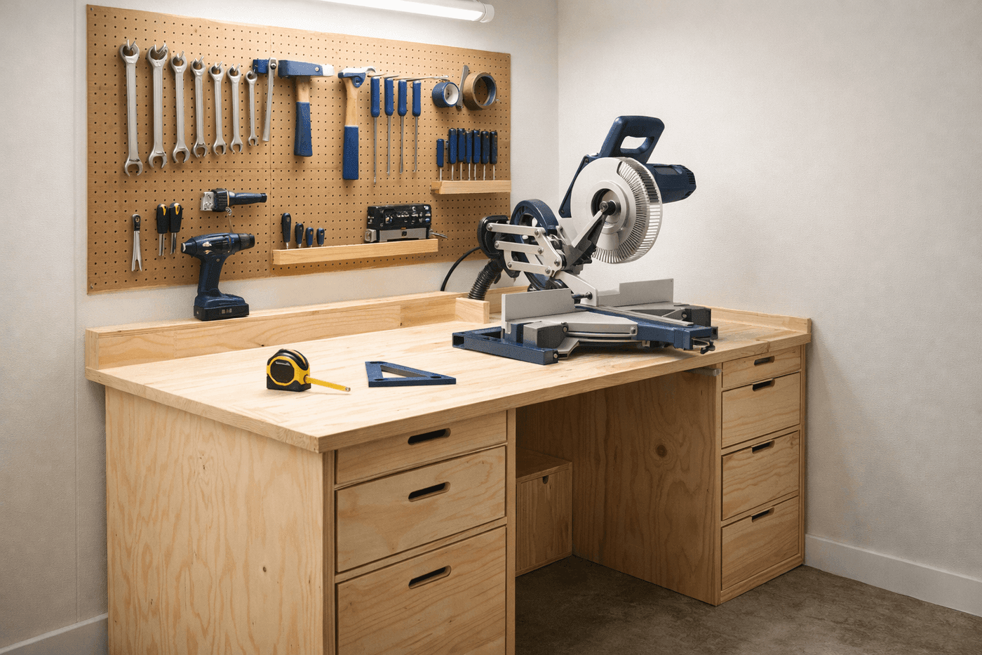 Well-organized small workshop with pegboard tool storage, a workbench, and a miter saw station