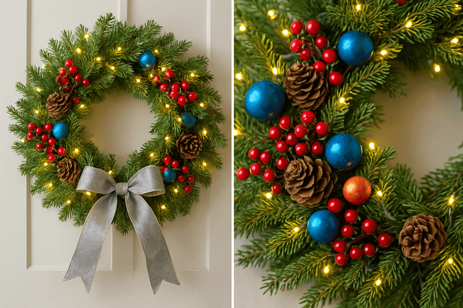 Beautiful handmade holiday wreath with natural greenery and decorative elements