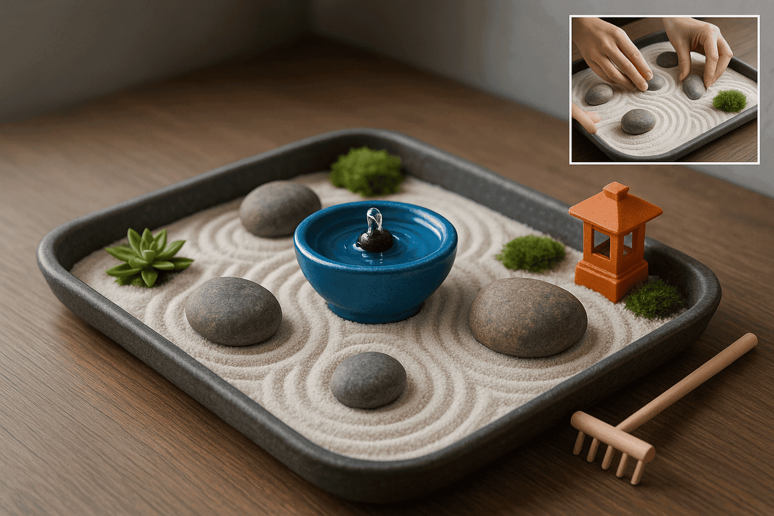 Small Zen garden with raked sand, carefully placed rocks, and miniature plants