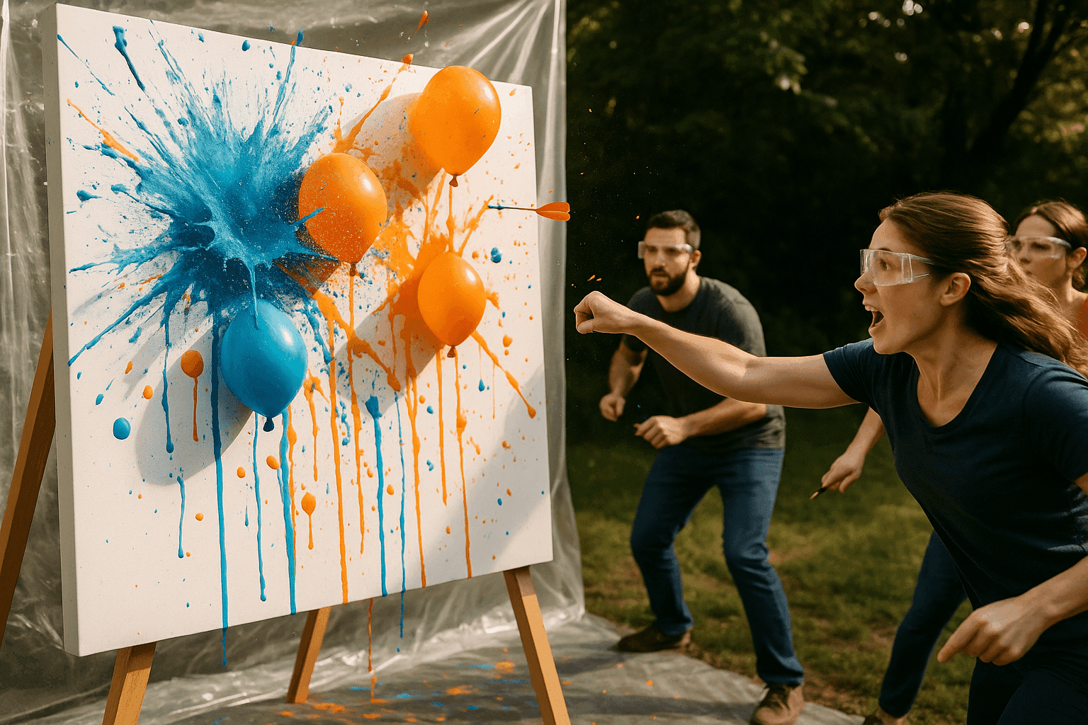 Vibrant abstract art created by bursting paint-filled balloons on canvas with colorful paint splatters and drips