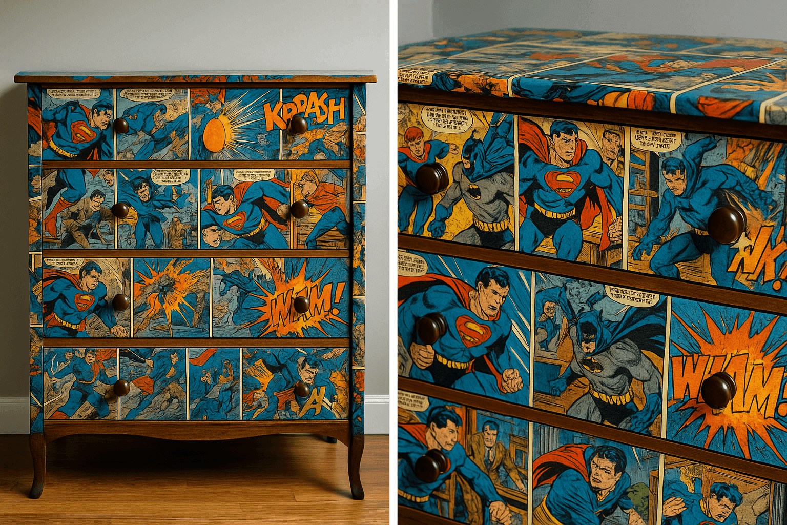Vintage dresser transformed with colorful comic book pages using decoupage technique creating a vibrant pop culture statement piece
