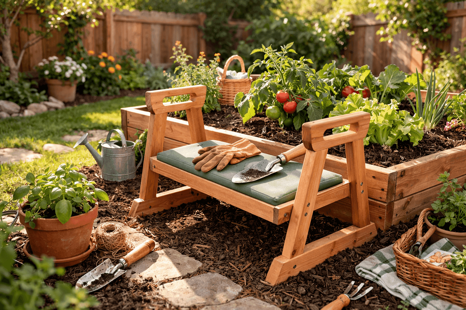 Handbuilt wooden garden kneeling bench with foam padding and outdoor fabric sitting beside a raised garden bed in a sunny backyard garden setting