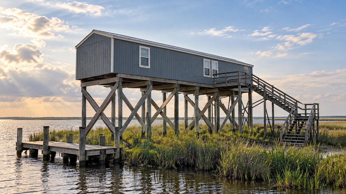 Modular fish camp raised on stilts overlooking Bay Cocodrie on the Louisiana coast