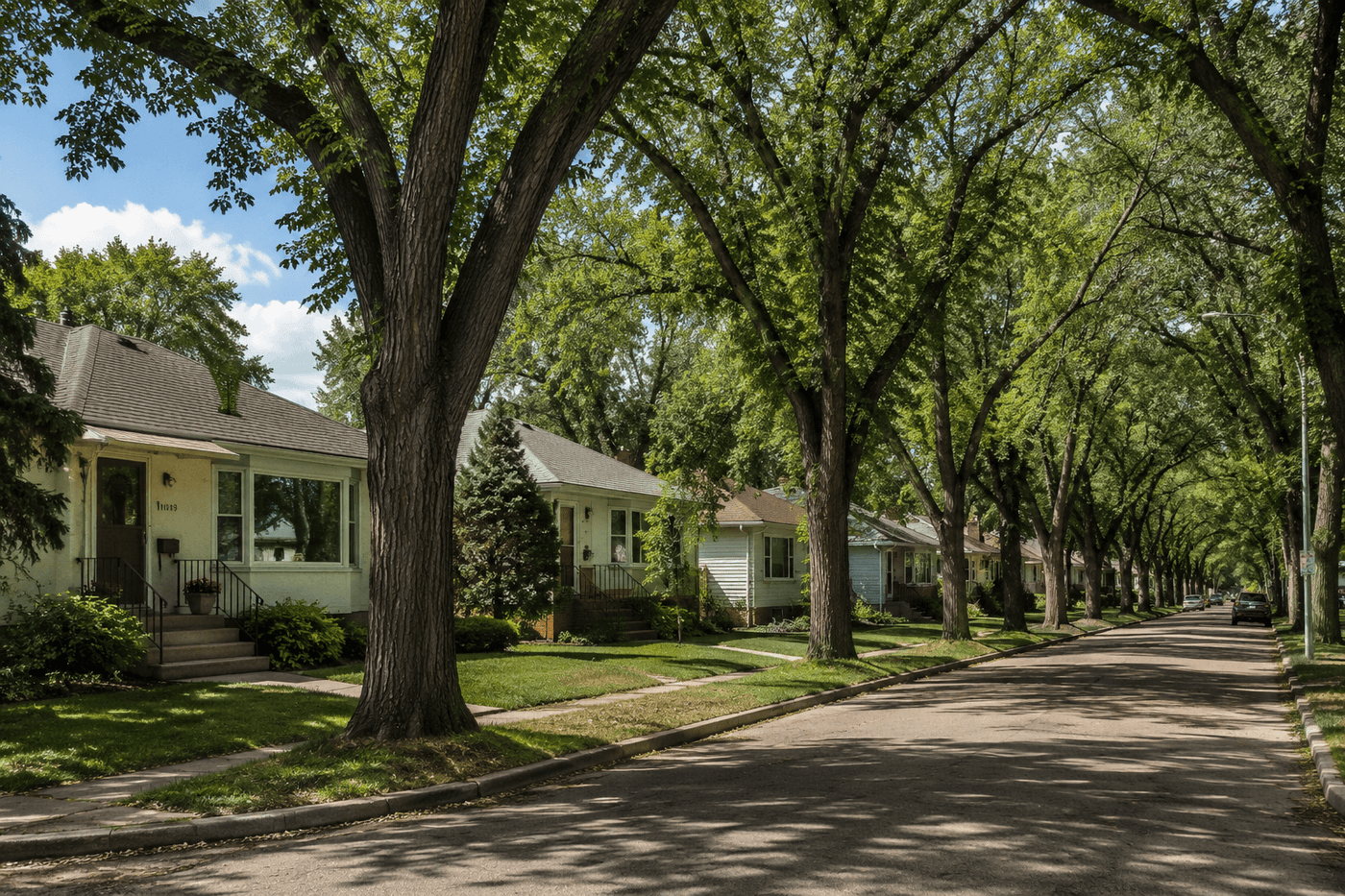 A tree-lined residential street in Edmonton's Montrose neighbourhood, with mature elm trees and modest postwar homes on generous lots.