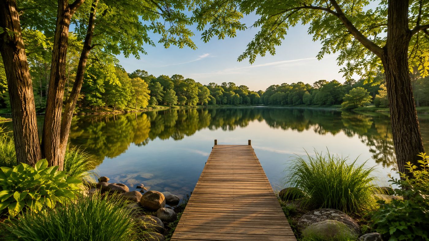 A calm lakefront setting in Bloomfield Hills, Michigan