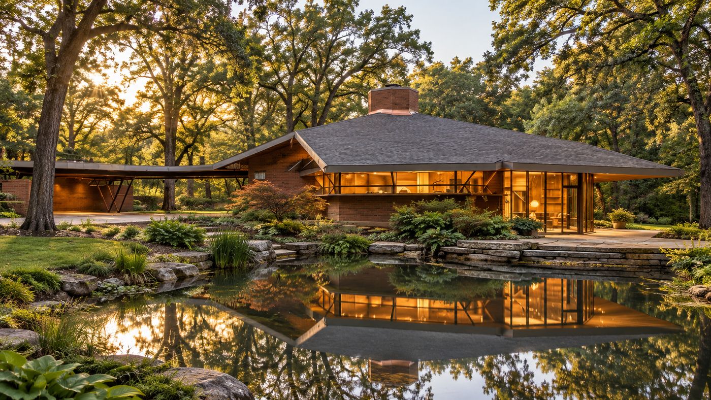 The 1960 Howard and Lucile Jones House, an angular mid-century home designed by Bruce Goff in Bartlesville, Oklahoma