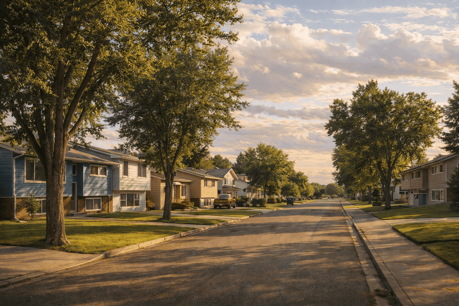 A quiet residential street in Lethbridge, Alberta, with modest split-level homes, mature trees, and wide sidewalks under a prairie sky.