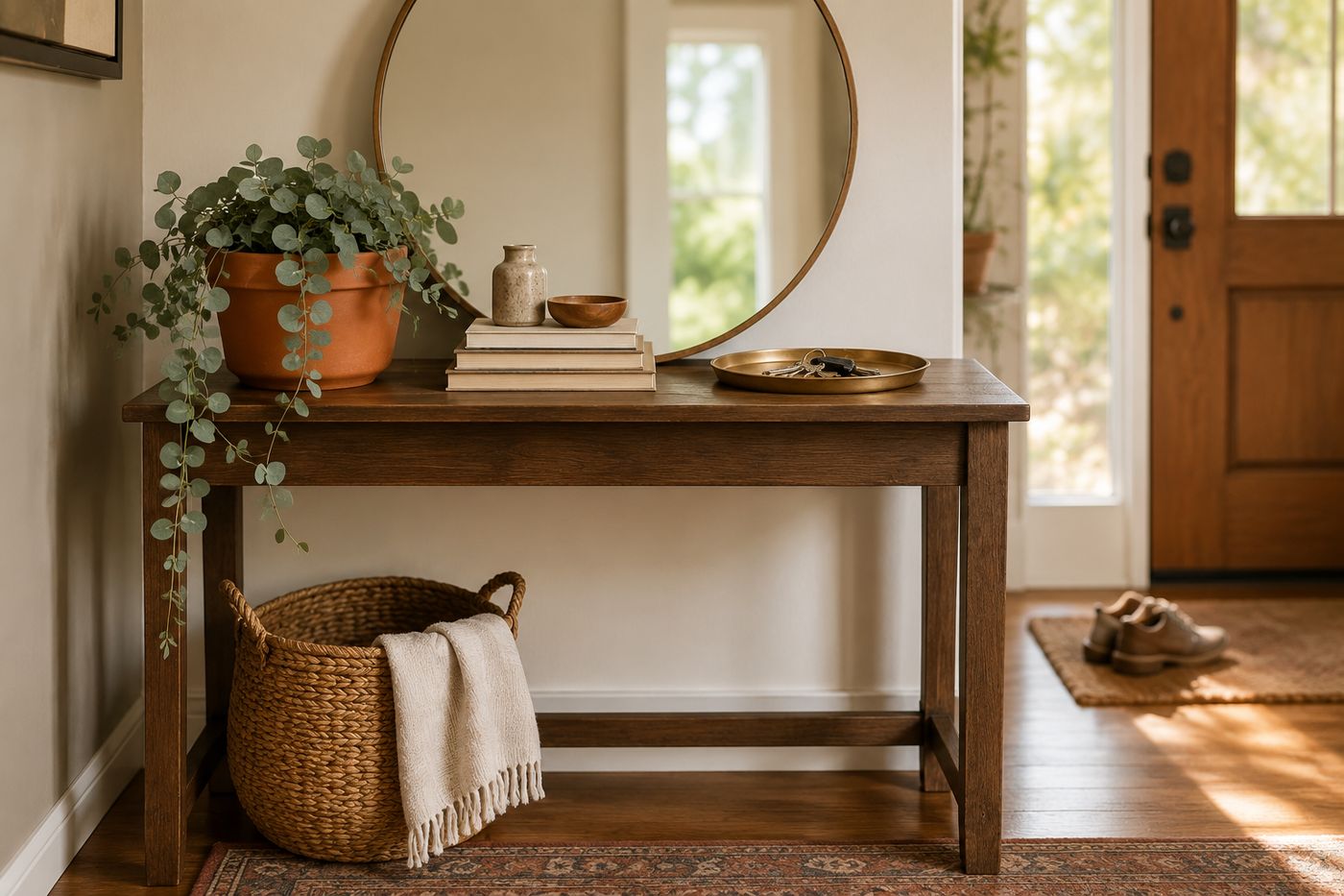 Styled entryway console table vignette with a leaning round mirror, potted eucalyptus, stacked books, a woven basket on the floor, and a brass tray