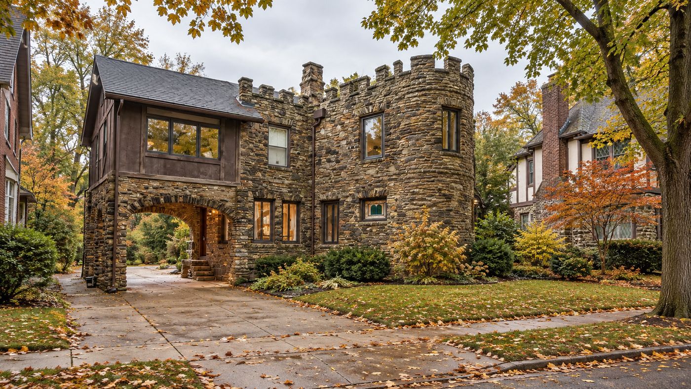 Stone castle-style home with turret and crenelated roofline on W 44th Street in Cleveland, Ohio