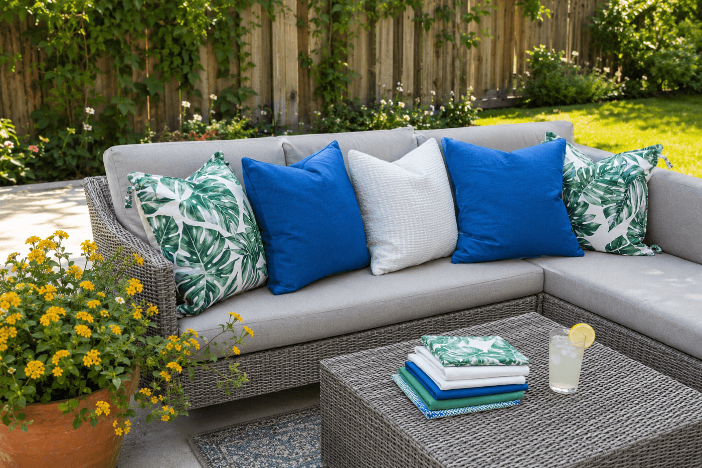 Outdoor patio sectional with four colorful no-sew pillow covers made from dollar store cloth napkins in tropical prints and bold solids, arranged on cushions in coordinating summer colors