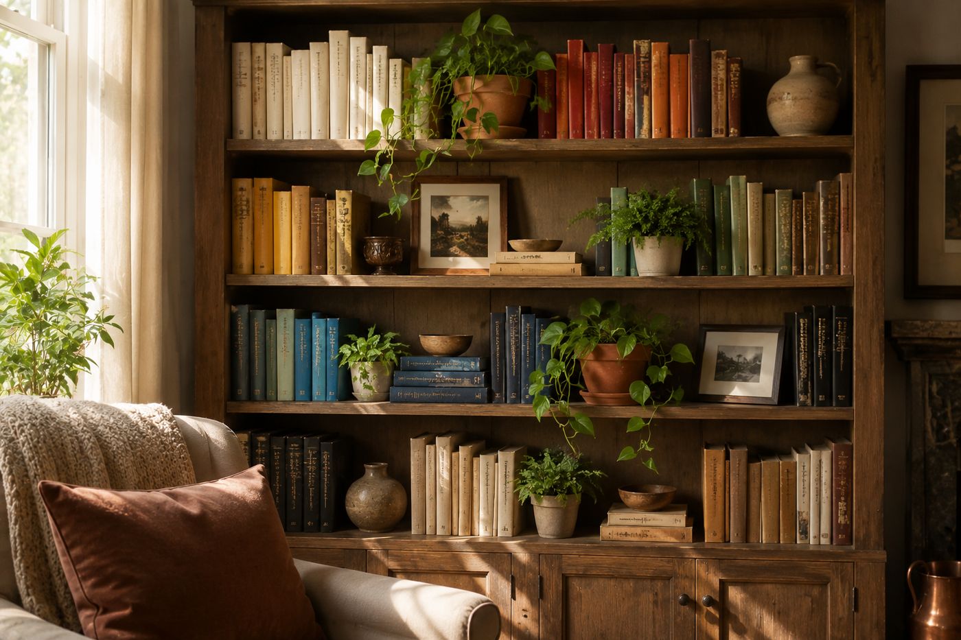 Styled bookshelf with books grouped by color, some stacked horizontally, interspersed with a plant and small decorative objects in odd-numbered groupings