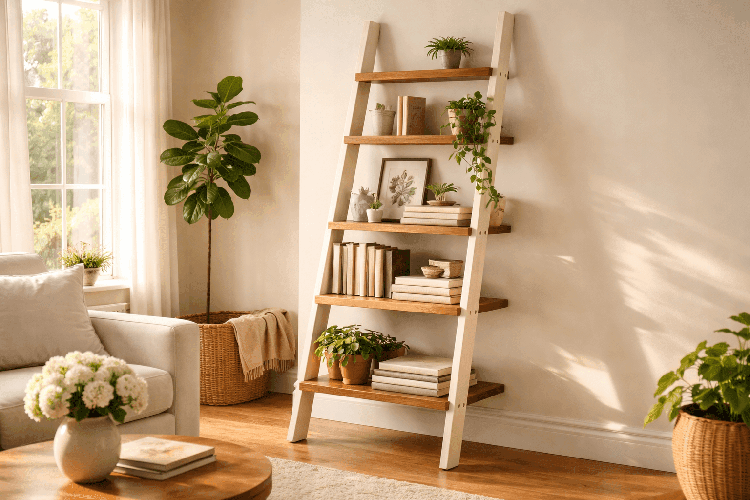 Vintage wooden ladder transformed into a leaning bookshelf with wooden boards across the rungs holding books, plants, and decorative objects in a bright living room interior
