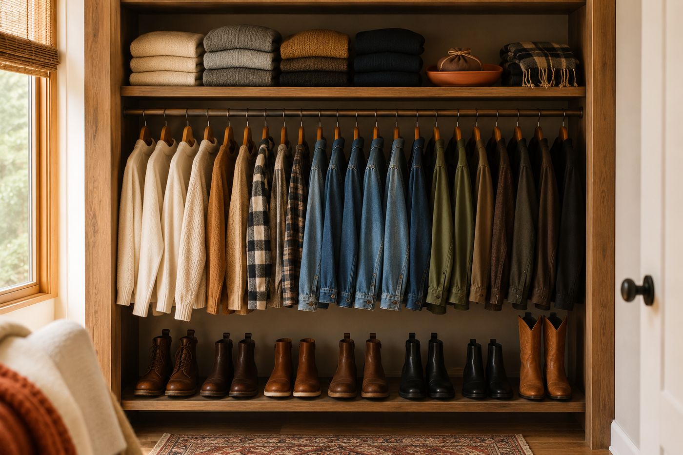 An organized fall closet with folded sweaters stacked on shelves, jeans and jackets hung, and boots lined up neatly below