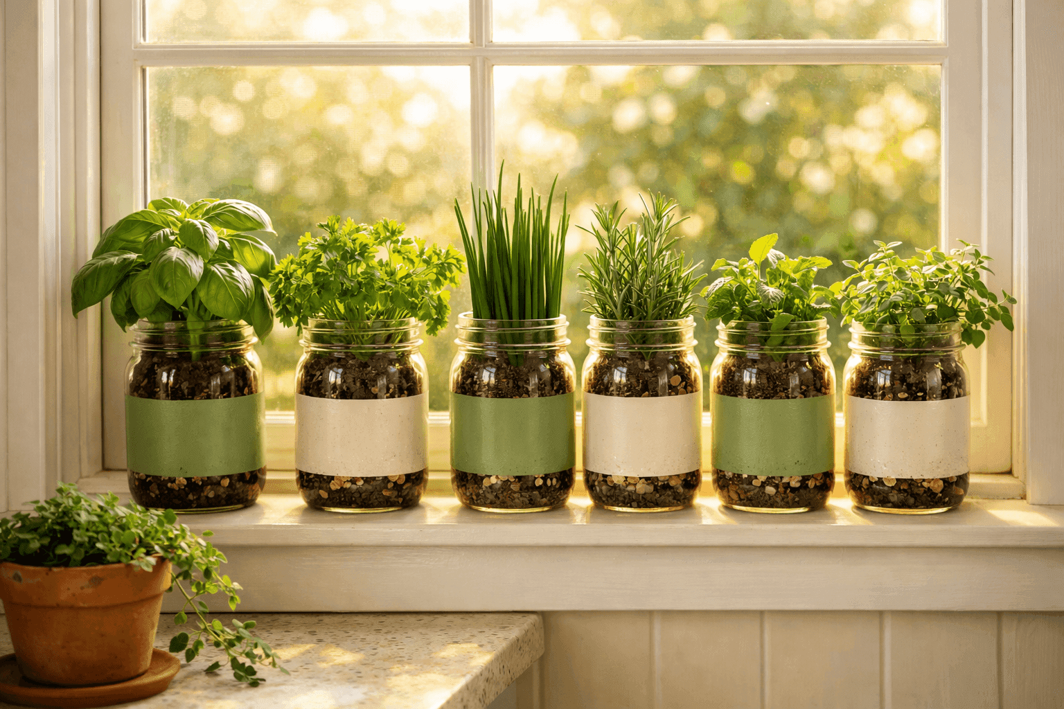 Row of painted mason jars in soft sage and cream tones holding fresh basil, parsley, and cilantro plants lined up on a bright kitchen windowsill in natural morning light