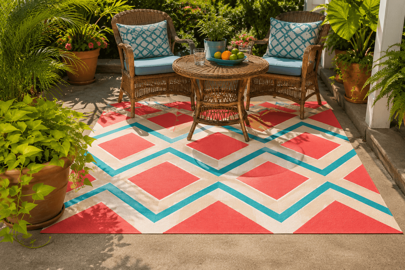 Bold hand-painted outdoor rug on a sunny patio showing an oversized geometric pattern in hot coral, turquoise, and crisp white on a natural canvas base, with outdoor furniture and potted plants visible around it