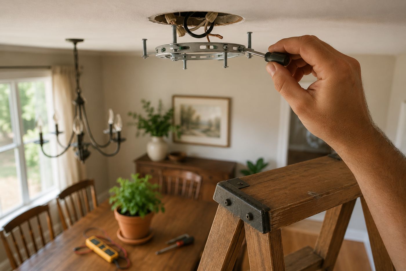 Hand tightening a mounting screw on a ceiling light fixture bracket with the canopy removed, ladder visible below