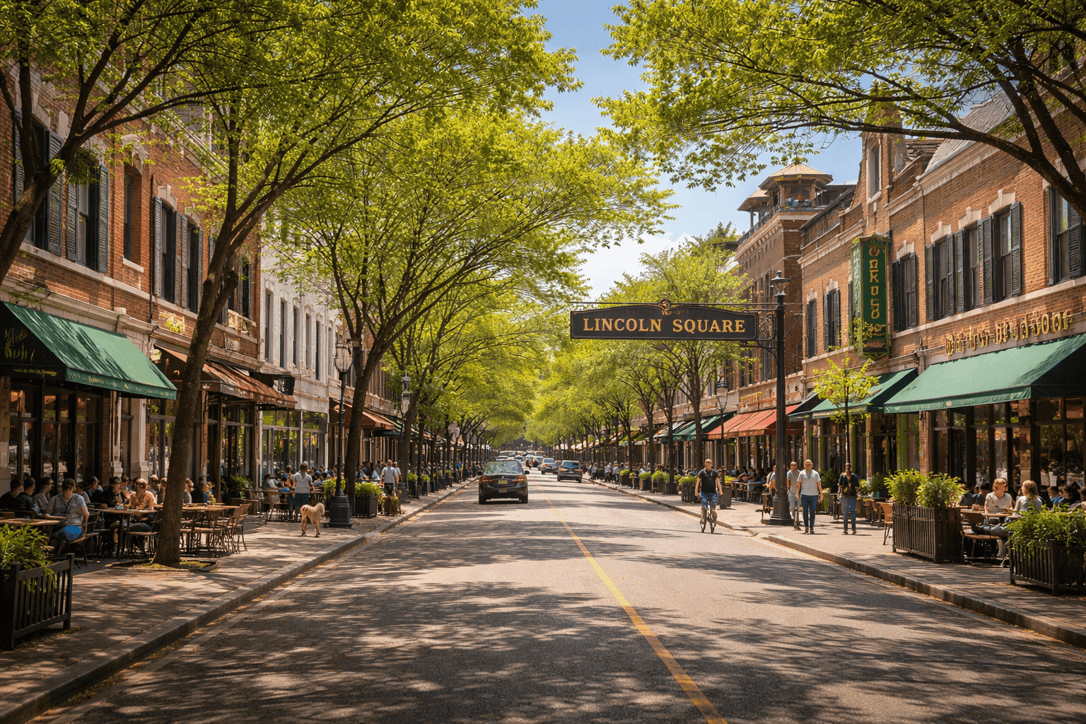 A tree-lined street in Chicago's Lincoln Square neighborhood, with brick buildings and a mix of historic and modern architecture.