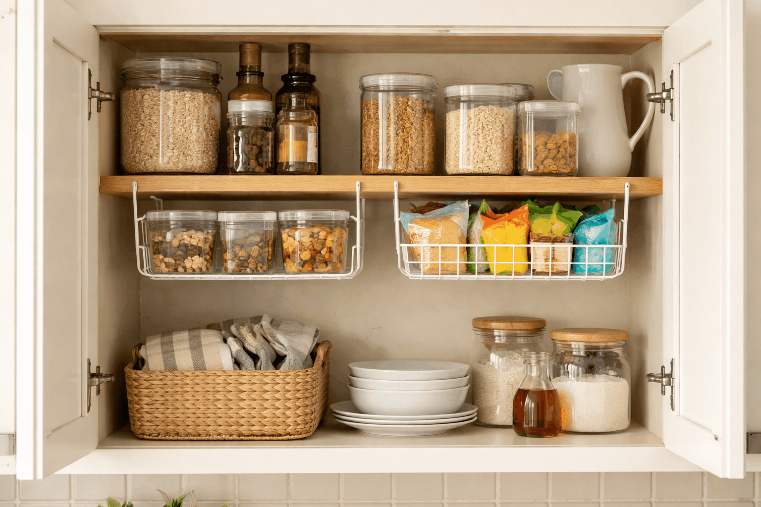 Wire baskets hanging beneath kitchen cabinet shelves holding organized items