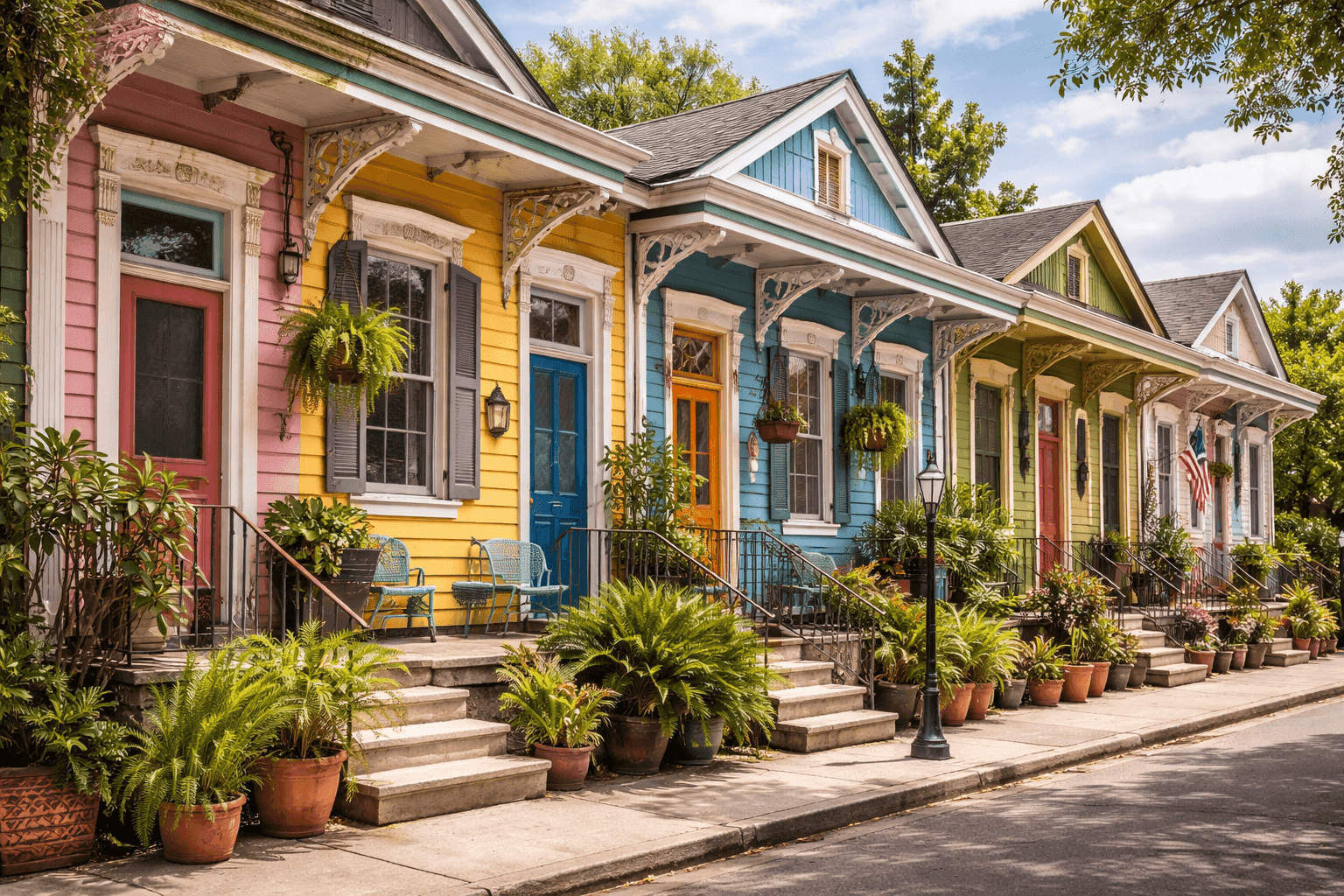 A colorful block of shotgun houses on a New Orleans street in the Bywater neighborhood, with lush greenery and painted wood siding.
