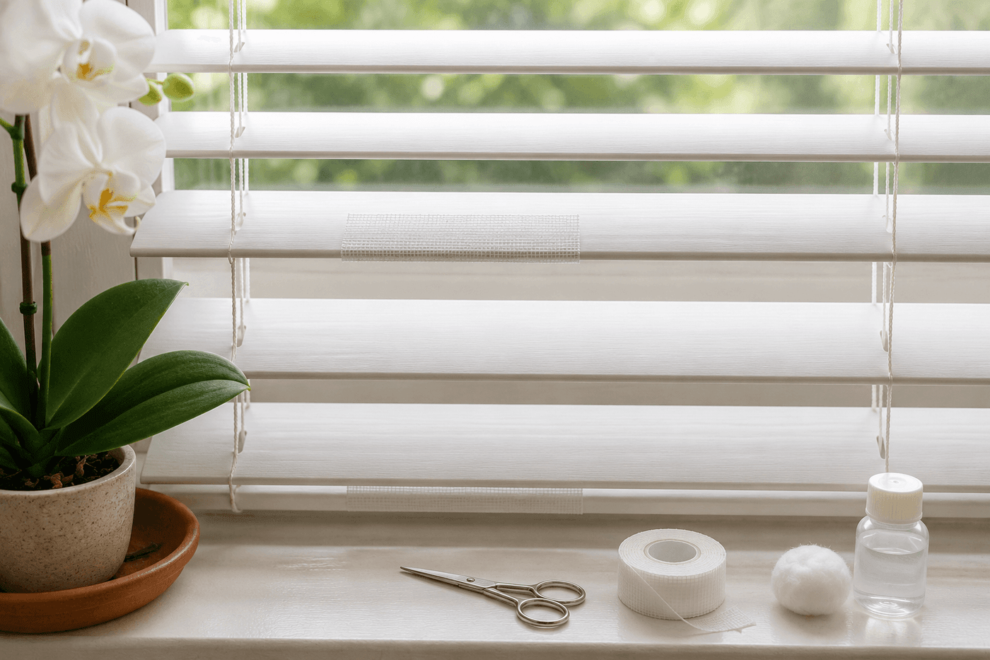 Close-up of a white horizontal window blind with a neatly repaired slat using color-matched fabric tape, hanging in a bright living room window