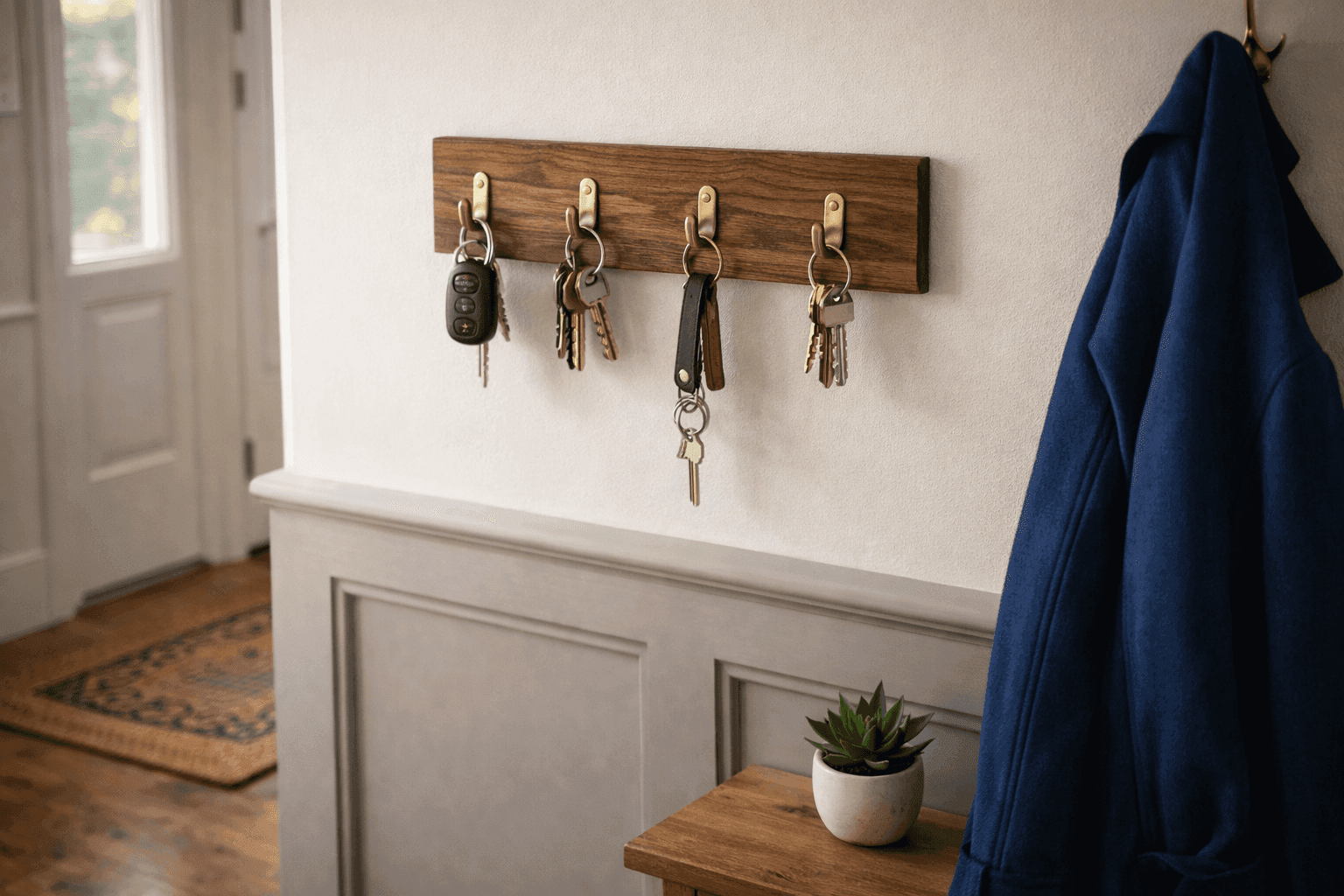 Rustic wooden key holder with decorative hooks mounted near entryway door displaying keys and small items