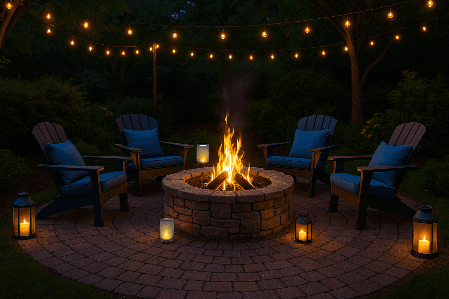 Cozy backyard fire pit surrounded by comfortable chairs and warm lanterns creating perfect evening gathering space