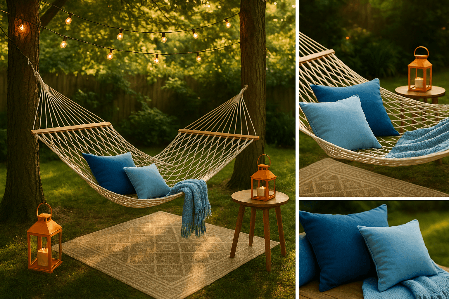 Peaceful backyard hammock corner with string lights, comfortable hammock between trees, outdoor cushions and side table
