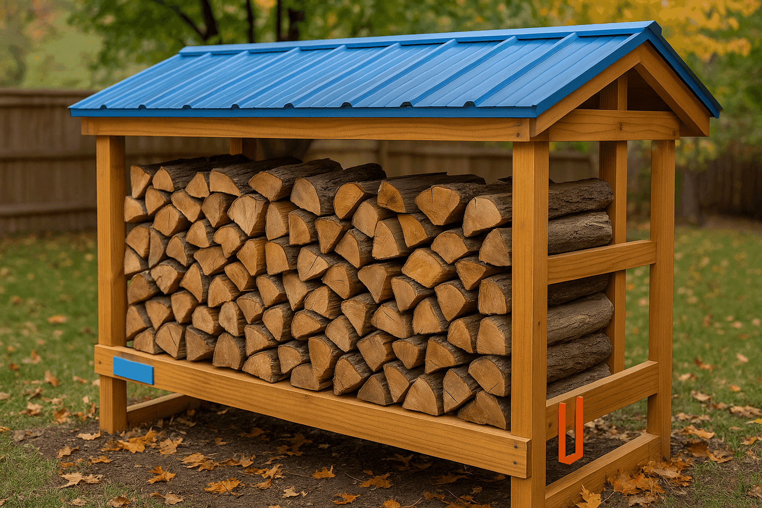 Sturdy wooden firewood storage rack filled with neatly stacked logs featuring weatherproof roof design in backyard setting