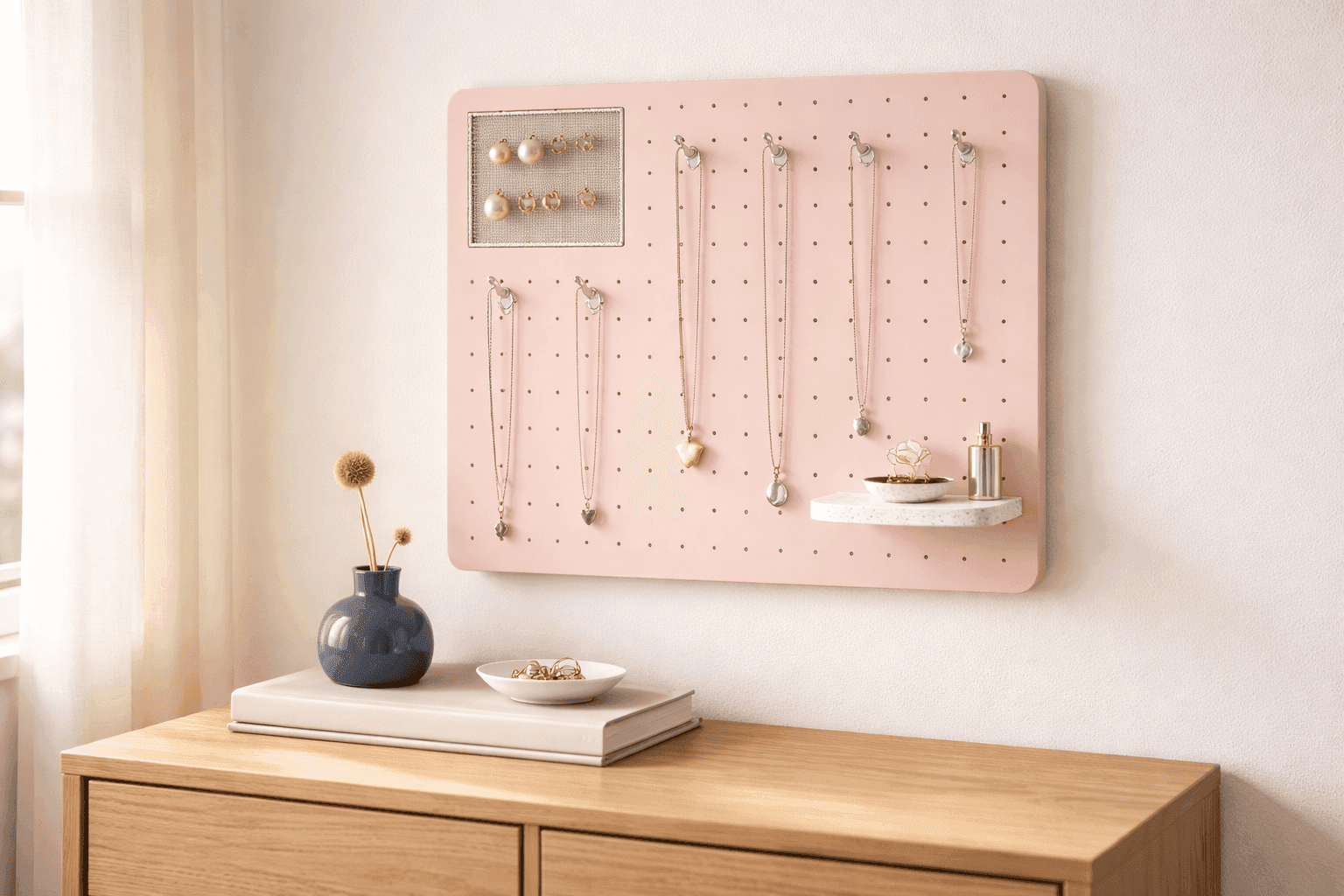 A small painted white pegboard mounted on a bedroom wall displaying necklaces on small hooks, earrings on a wire mesh panel, and rings in a tiny tray shelf, styled like a boutique jewelry display with soft morning light
