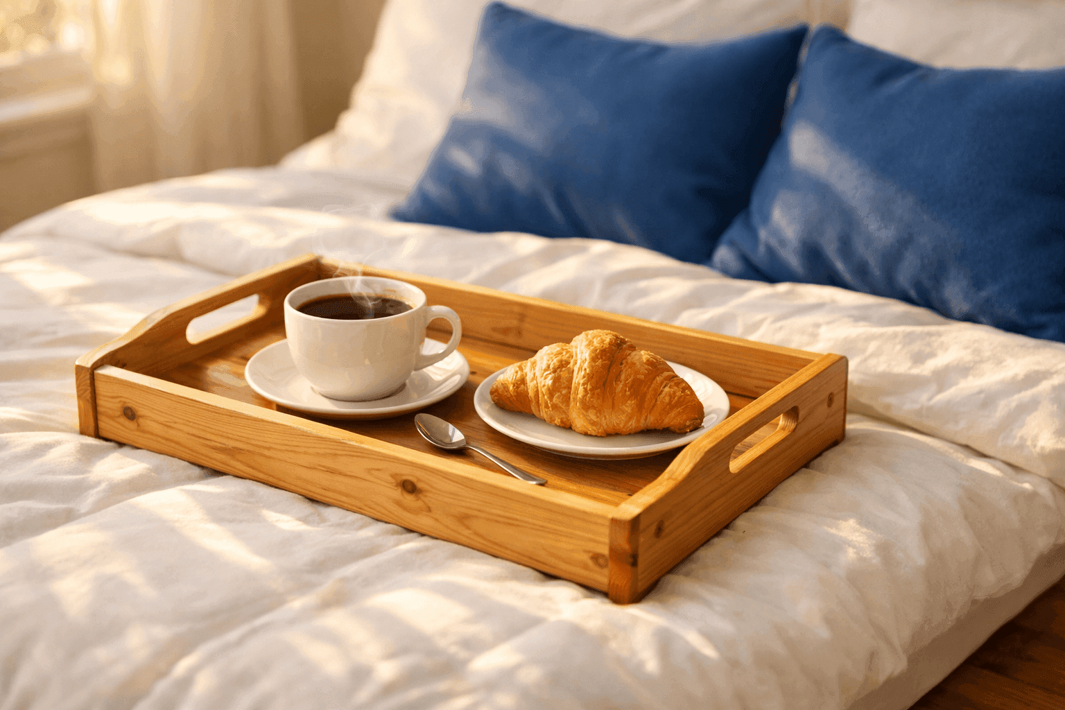 Handcrafted wooden breakfast tray with handles sitting on white bedding with coffee and croissant, morning sunlight streaming through bedroom window