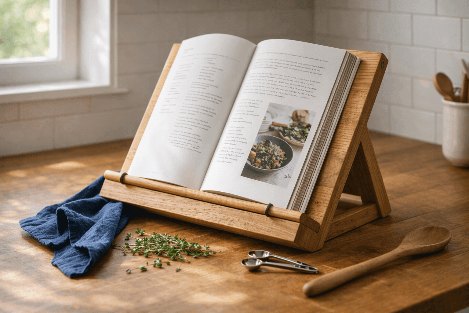 Handcrafted wooden cookbook stand holding open recipe book on kitchen counter with cooking ingredients nearby