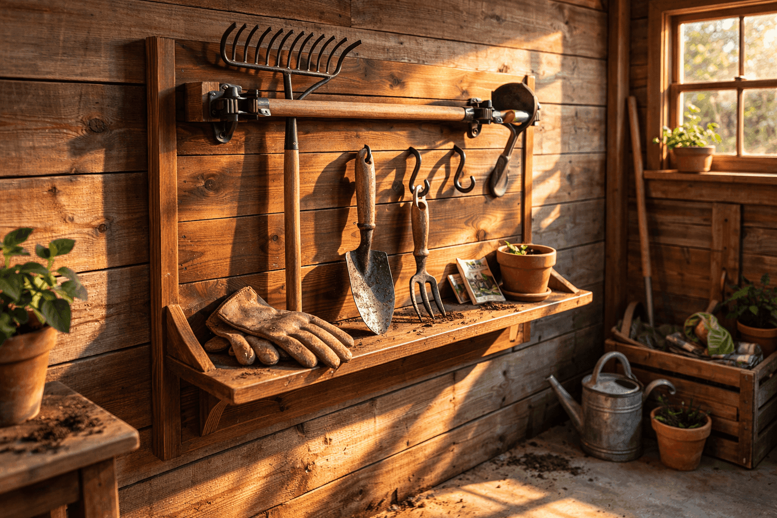 A wall-mounted wooden garden tool organizer stained in warm walnut tone, holding a rake, shovel, hoe, and hand trowels on spring clips and cup hooks, with a small bottom shelf holding gardening gloves and seed packets in a rustic shed interior