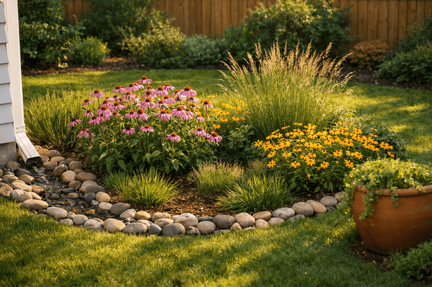 Lush established rain garden with coneflowers, switchgrass, and black-eyed Susans in a gently bowl-shaped garden bed beside a downspout in a beautiful backyard landscape