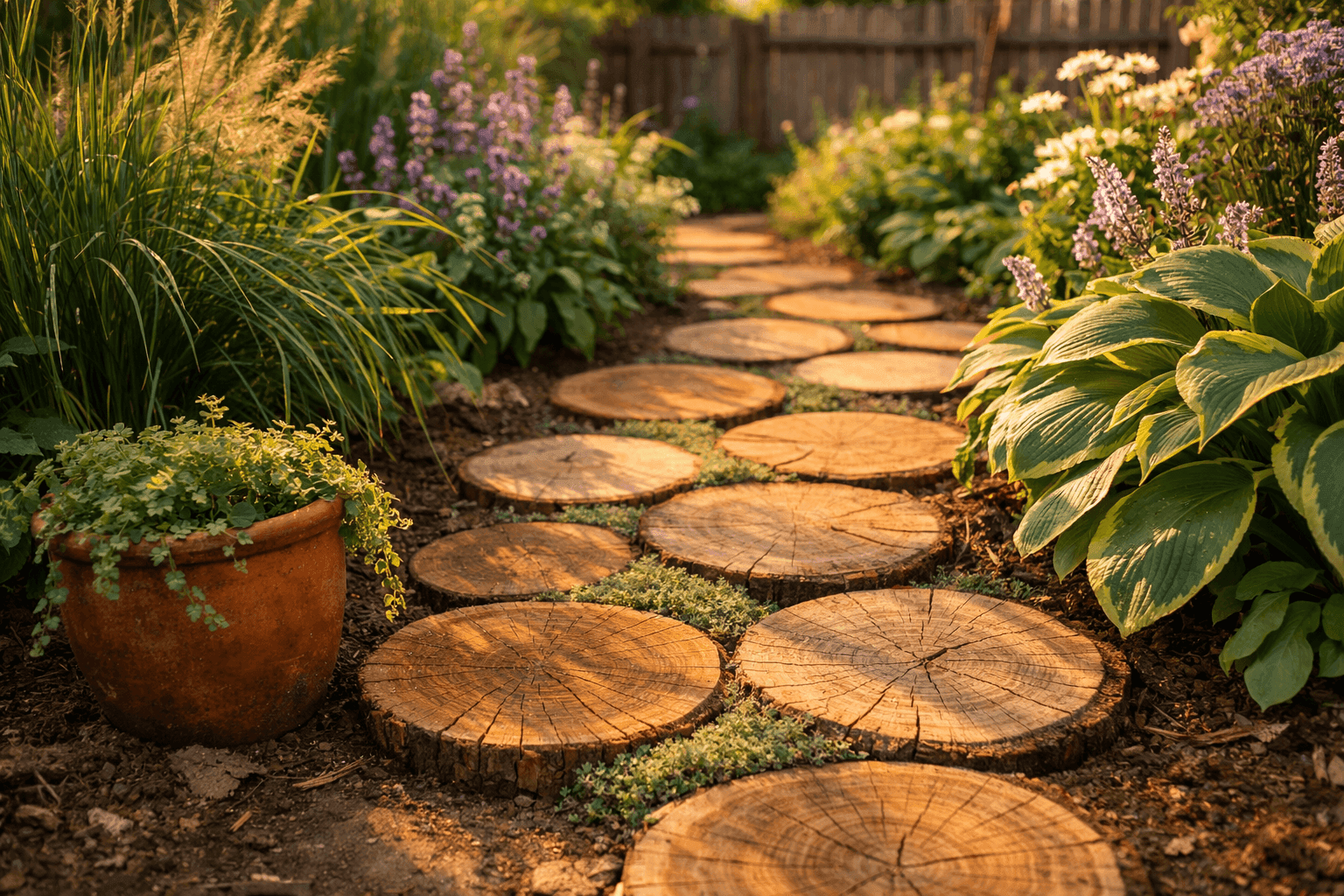 Rustic log slice stepping stone pathway winding through a lush green garden bed with wood rounds set flush with the surrounding soil