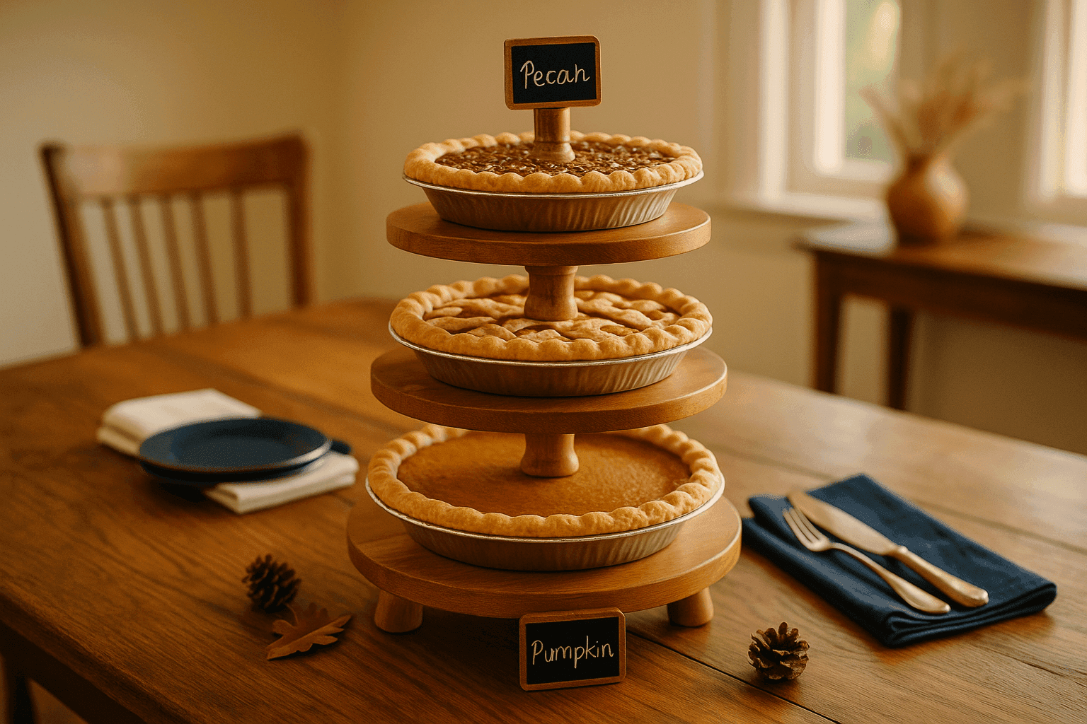 Handcrafted wooden tiered pie display stand with three levels holding pumpkin apple and pecan pies with small chalkboard labels