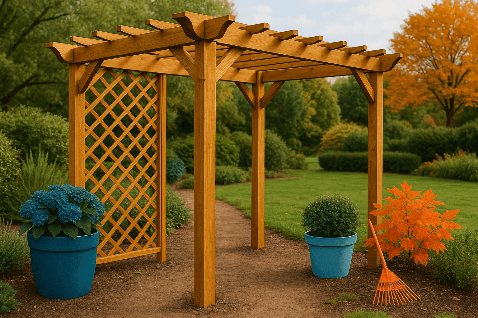 Beautiful wooden grape arbor structure with lattice trellis work creating an inviting garden walkway ready for climbing plants and future shaded seating