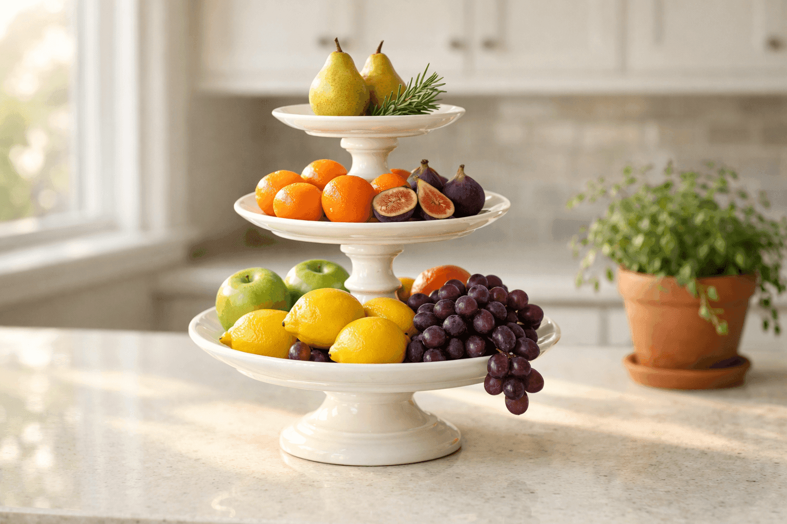 Elegant three-tiered fruit stand made from white plates and candlesticks displaying fresh fruit and small pastries on a bright kitchen counter