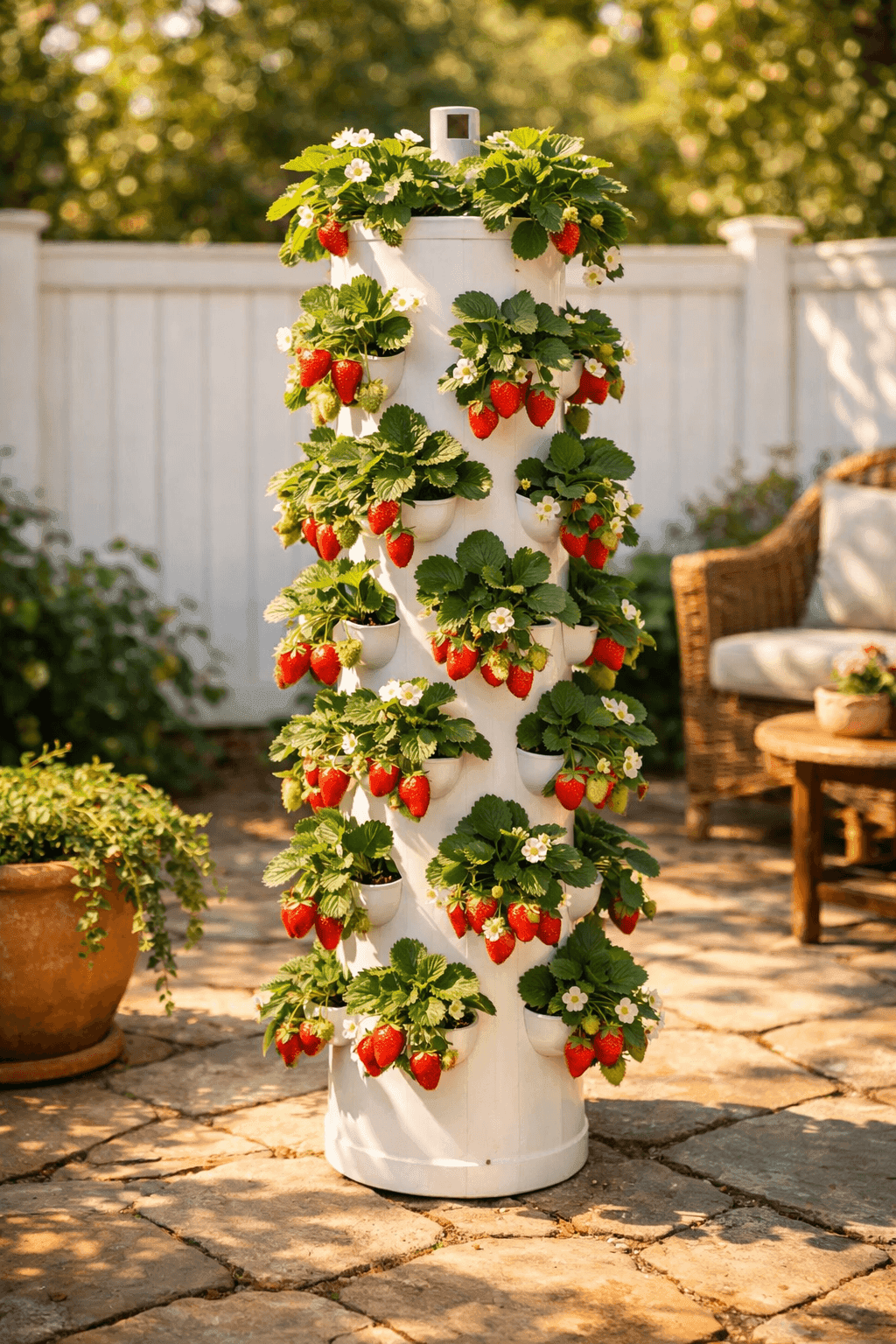 Vertical PVC strawberry tower on a sunny patio with cascading strawberry plants growing from staggered holes up the full height of the pipe with red ripe strawberries visible