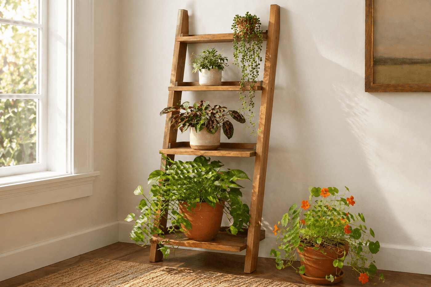 Handbuilt wooden ladder plant stand with four graduated shelves leaning against a white wall displaying potted plants at varying heights from trailing pothos to upright snake plant