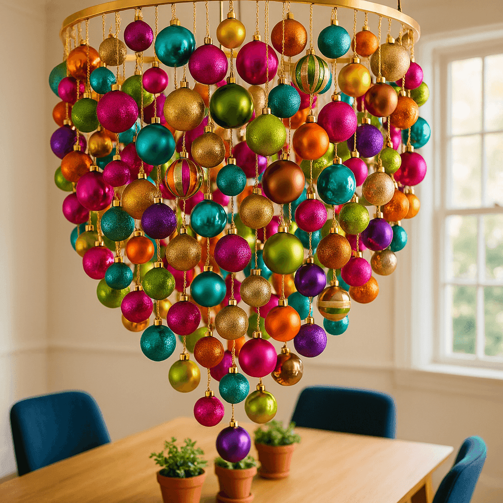 Bold maximalist ornament chandelier with cascading multi-colored ornaments creating joyful excessive holiday statement piece