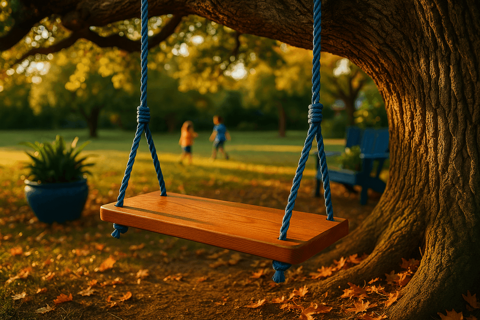 Beautiful wooden tree swing hanging from a sturdy oak branch in a sunny backyard with children playing nearby