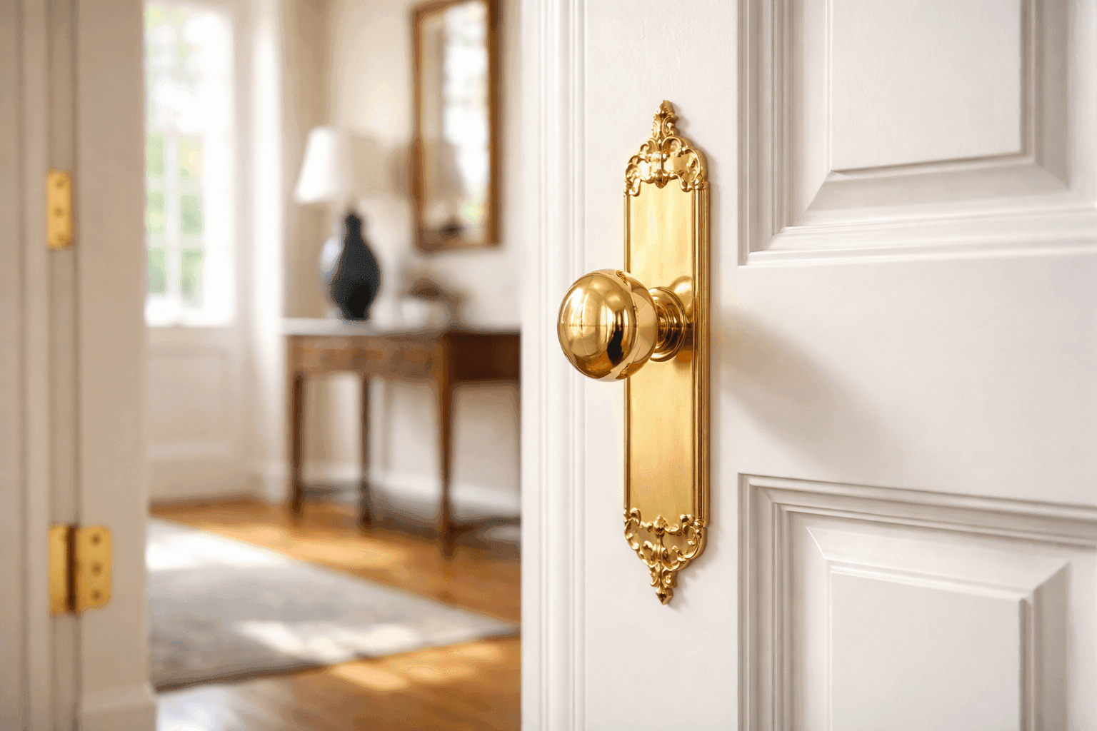Gleaming polished brass door hardware and hinges on white door showing before and after cleaning contrast