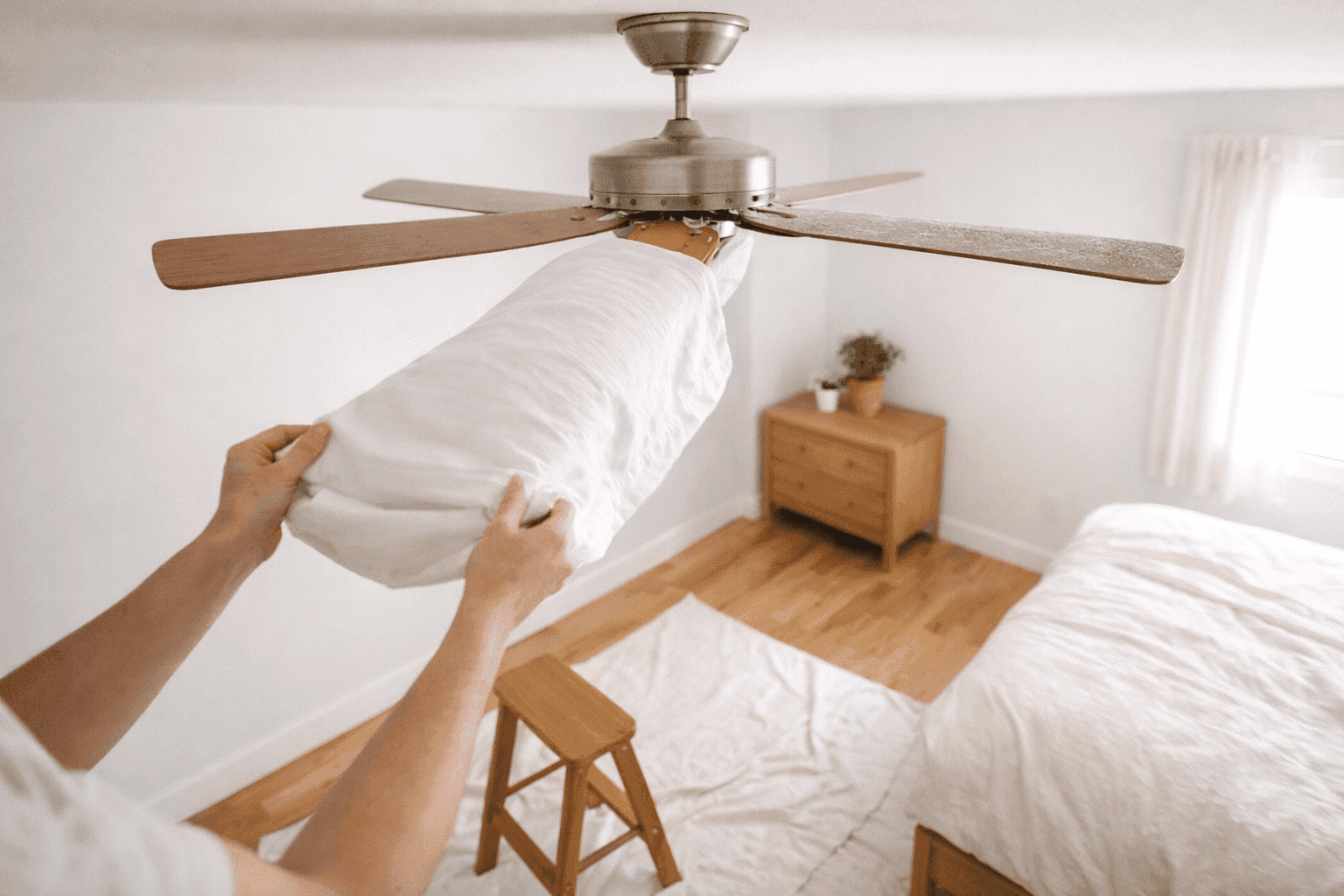 Person using a white pillowcase slipped over a ceiling fan blade to clean accumulated dust in a bright bedroom interior with natural light