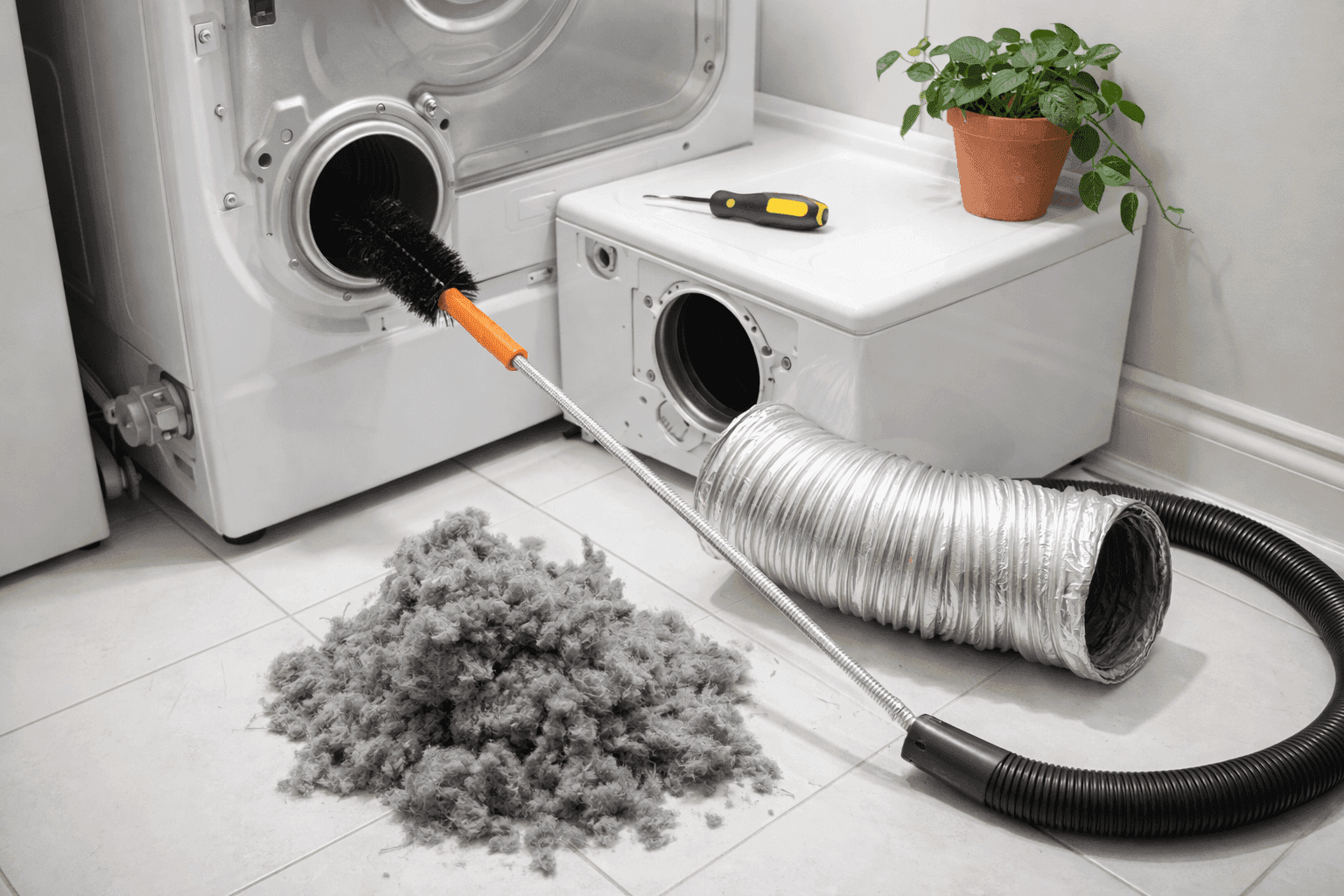 Flexible dryer vent cleaning brush inserted into a disconnected silver dryer vent hose with a pile of removed lint visible on the floor beside it