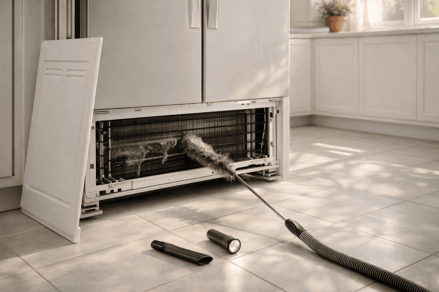 Person using a long narrow coil cleaning brush to remove dust from refrigerator condenser coils beneath a kick plate in a clean modern kitchen