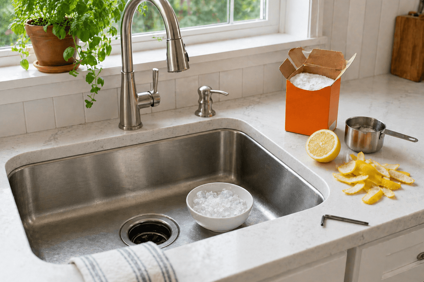 Kitchen sink with baking soda and lemon halves beside the drain opening during disposal cleaning, with a small bowl of ice cubes and rock salt and a cut orange on the counter nearby