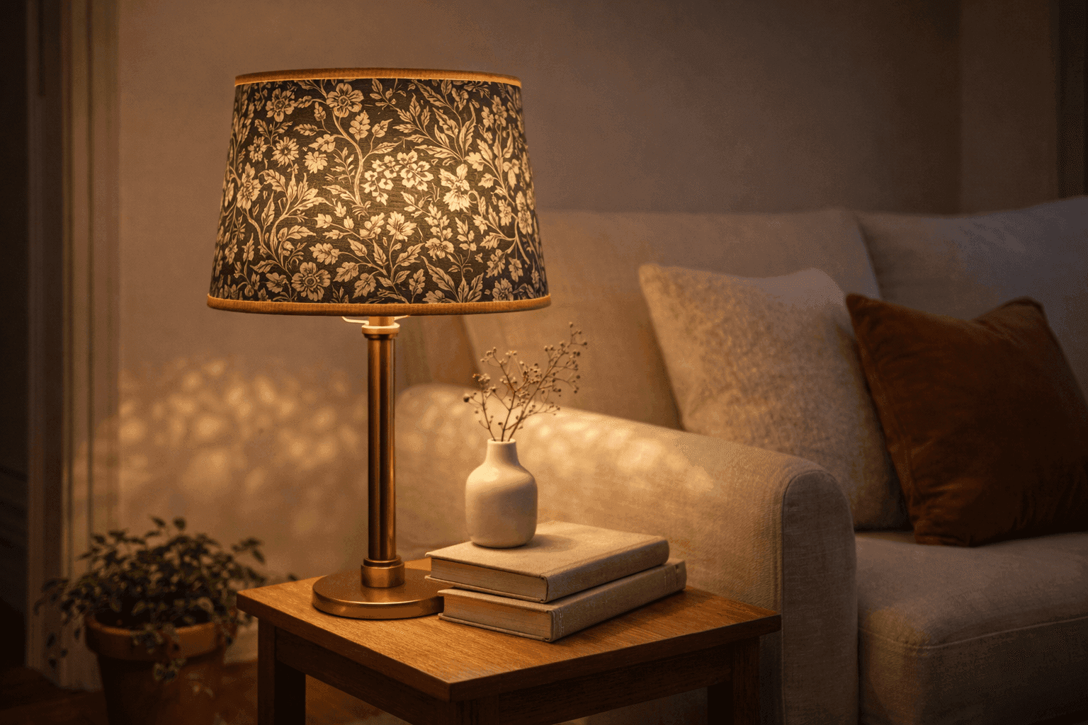 Beautifully fabric-covered lampshade with a bold botanical print and ribbon trim on a table lamp in a bright styled living room interior