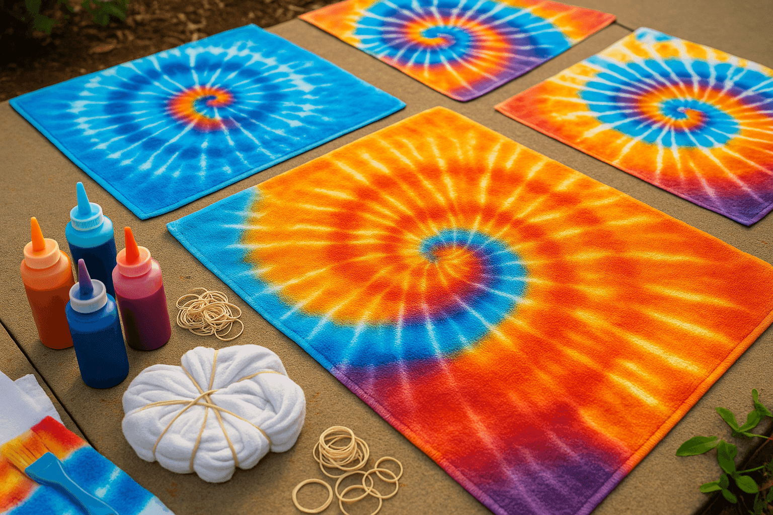 Colorful tie-dye beach towels in bright swirl patterns with tie-dye kit supplies and crafting setup